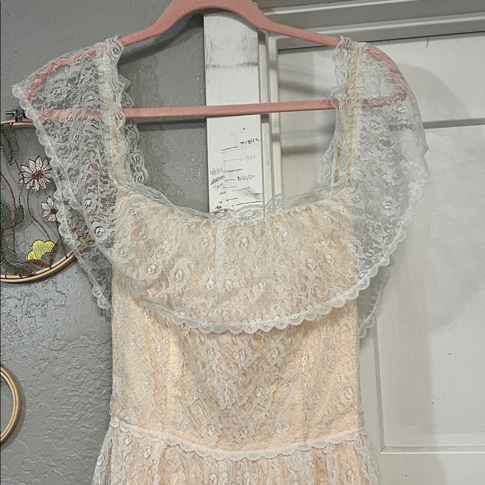 70’s VINTAGE VICTORIAN TEA LACE RUFFLE COQUETTE BOW PINK DRESS SIZE XS - Picture 5 of 17